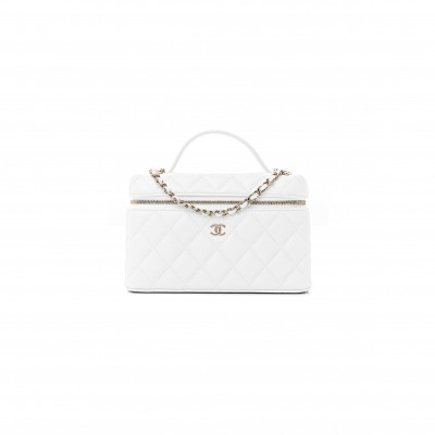 CHANEL CC TOP HANDLE LONG VANITY CASE WITH CHAIN SHINY CAVIAR LIGHT GOLD HARDWARE WHITE AP4385 B10581 (19.5*17*5cm)
